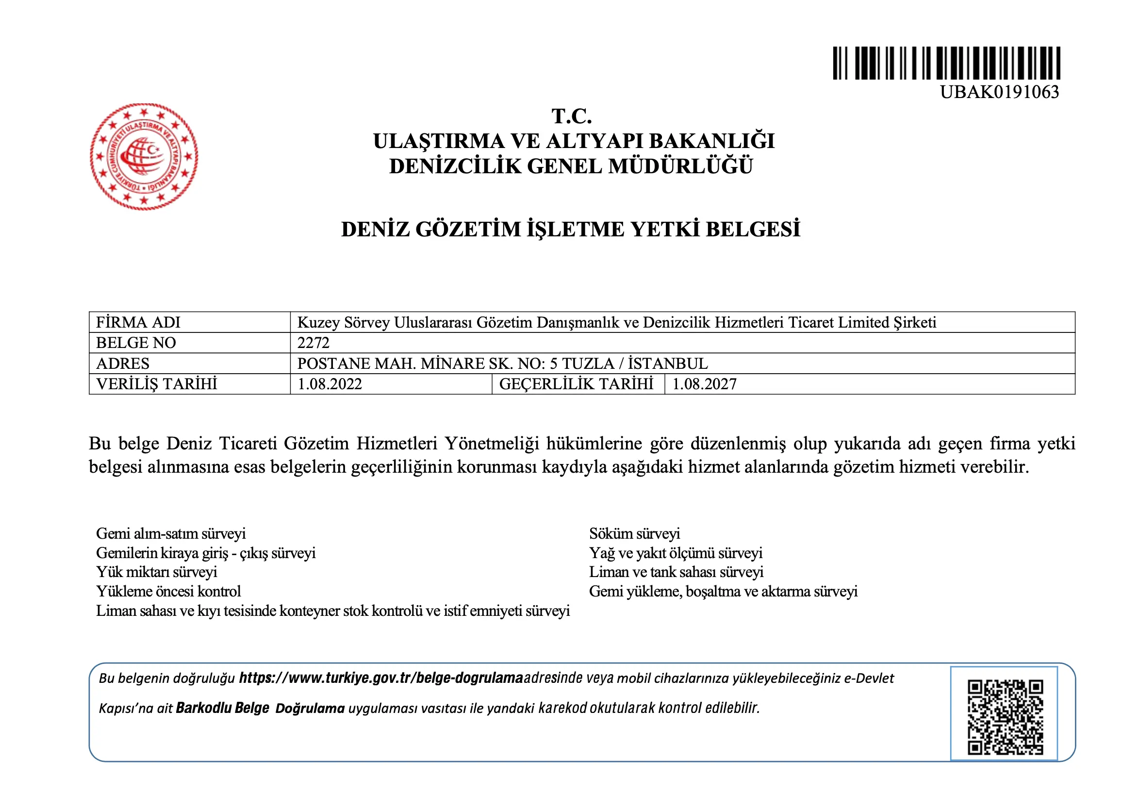 Deniz Gözetim Şirketi Belgesi Ulaştırma Bakanlığı
